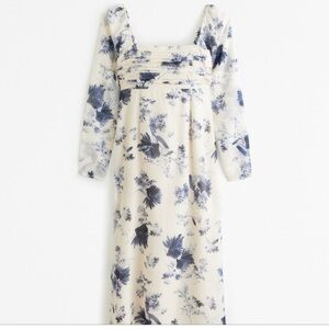 ABERCROMBIE BNWT EMERSON CHIFFON LONG SLEEVE MIDI DRESS- BLUE FLORAL